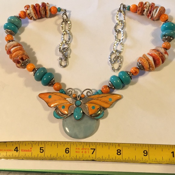 Beautiful handmade stone and shell inlayed butterfly necklace - Picture 3 of 7